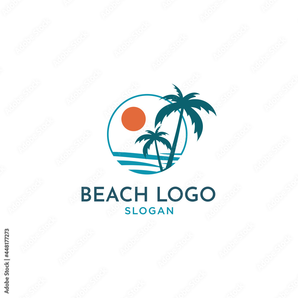 BEACH LOGO WITH COCONUT TREE, WATER AND SUN