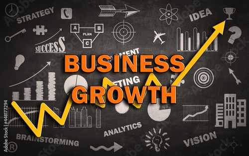 Business Growth Chalkboard Background With Business Sigs, Icons, symbol and increasing Graph arrow business development Concept 