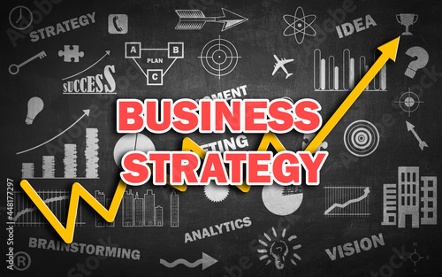 Inspirational Business Strategy background with business icons and Rising arrow graph symbol concept. chalkboard background With Business Strategy phrase. 