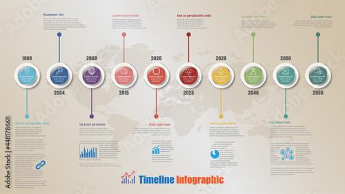 Business road map timeline infographic with 10 steps circle designed for background elements diagram planning process web pages workflow digital technology data presentation chart. Vector illustration
