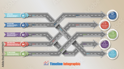 Modern roadmap timeline infographic with 5 options designed for template diagram planning presentation process webpages workflow. Vector illustration