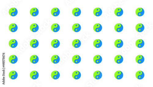A pattern of repeating Yin and yang symbols. White background. Color is green and blue. Concept of philosophy of an ecological backdrop, a fusion of pure nature and water. 