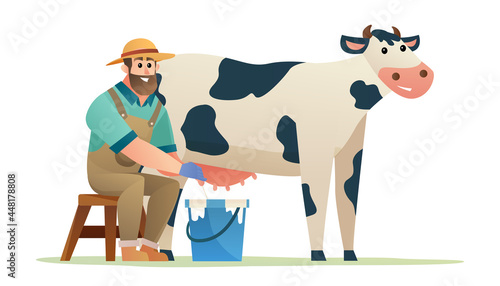 Happy farmer milking cow illustration