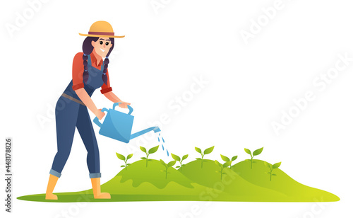 Woman farmer watering plants illustration © YG Studio