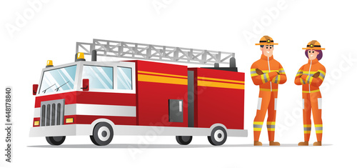 Male and female firefighter characters with fire truck illustration