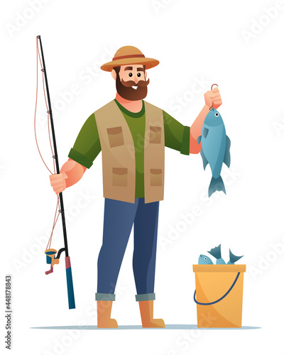 Fisherman with fish catch cartoon character