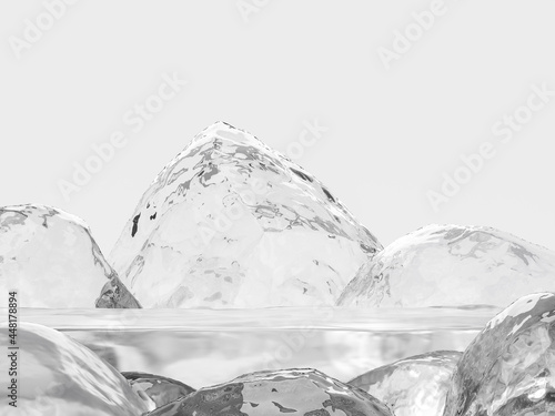 An ice platform for displaying your procuct 3D render, surrounded by ice stones on white background photo