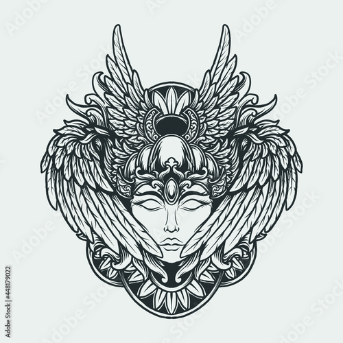 tattoo and t shirt design black and white hand drawn fire angel head engraving ornament