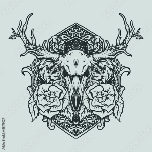 tattoo and t shirt design black and white hand drawn fire deer skull and rose engraving ornament