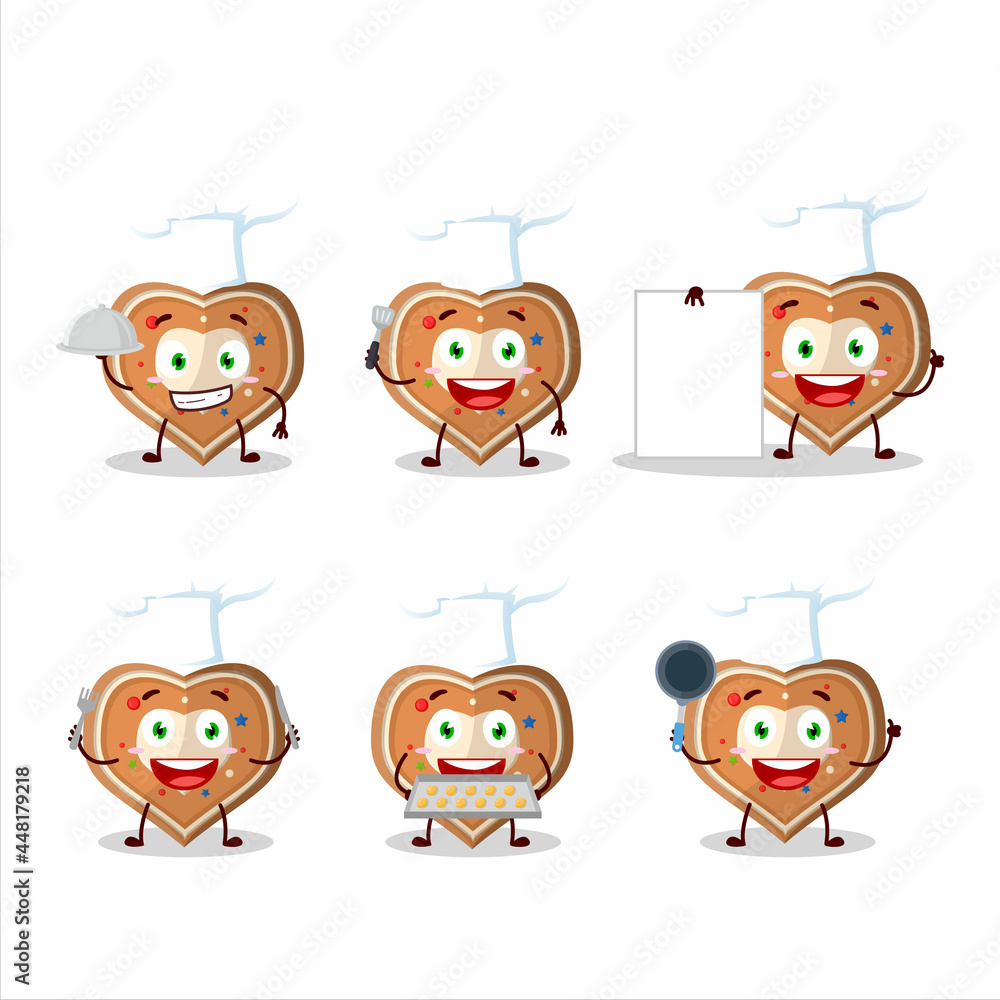 Cartoon character of gingerbread heart with various chef emoticons Cartoon character of gingerbread heart with various chef emoticons