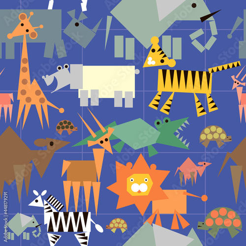 Seamless pattern with African animals on a blue checkered background