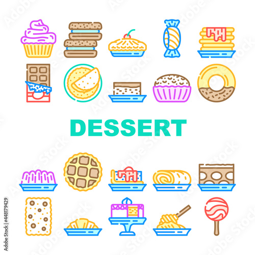 Dessert Delicious Food Collection Icons Set Vector. Donut With Chocolate Cream And Fruity Lollipop Candy, Waffles And Muffin Creamy Dessert Line Pictograms. Sweet Nutrition Contour Color Illustrations