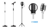 set of realistic microphone or mic standing at podium or classic mic concept. eps vector 