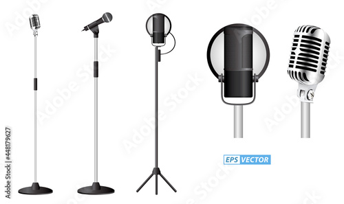 set of realistic microphone or mic standing at podium or classic mic concept. eps vector 