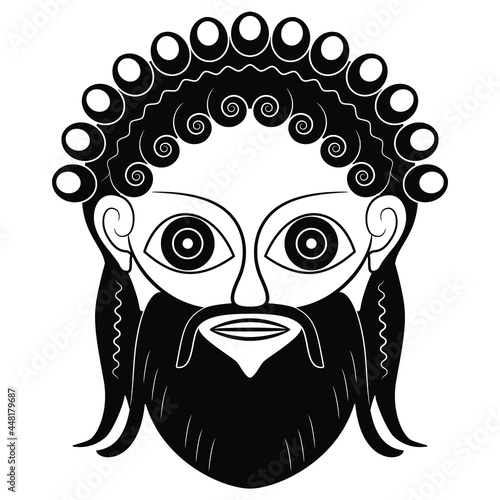 Head of ancient Greek god of wine Dionysus or Bacchus. Black and white silhouette. Isolated vector illustration.