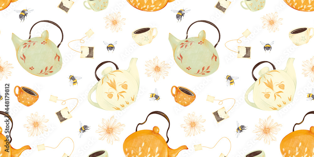 Watercolor tea mood seamless pattern with illustration of kettle, tea bag, cup, bee, chamomile in vintage style for fabrics, paper, textile, gift wrap isolated on white background. Teapot, breakfast.