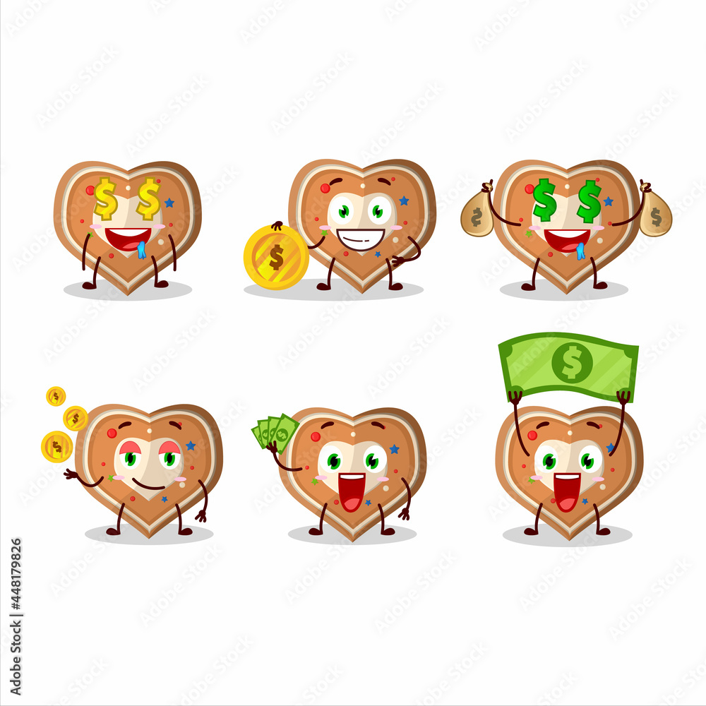 Gingerbread heart cartoon character with cute emoticon bring money Gingerbread heart cartoon character with cute emoticon bring money