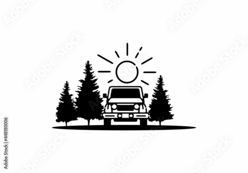 Black line art illustration of car and pine trees