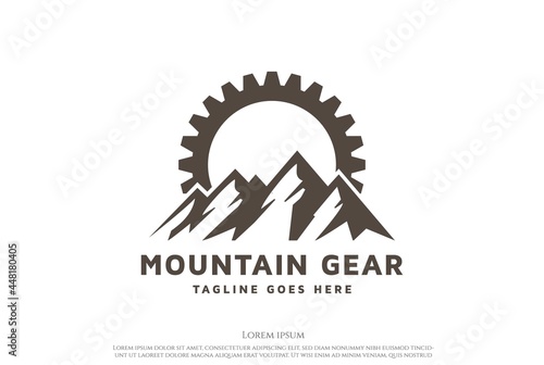 Mountain Hill with Gear Cog for Mining or Bike Sport Logo Design Vector