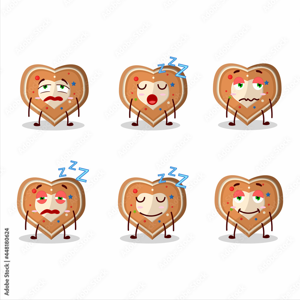 Cartoon character of gingerbread heart with sleepy expression Cartoon character of gingerbread heart with sleepy expression