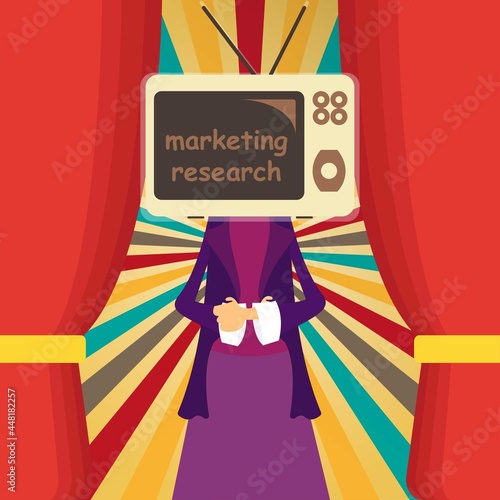 Head of a woman inside a tv set with text “marketing research”