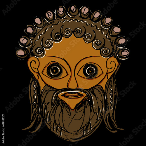 Head of ancient Greek god of wine Dionysus or Bacchus. Hand drawn colorful rough sketch. On black background.