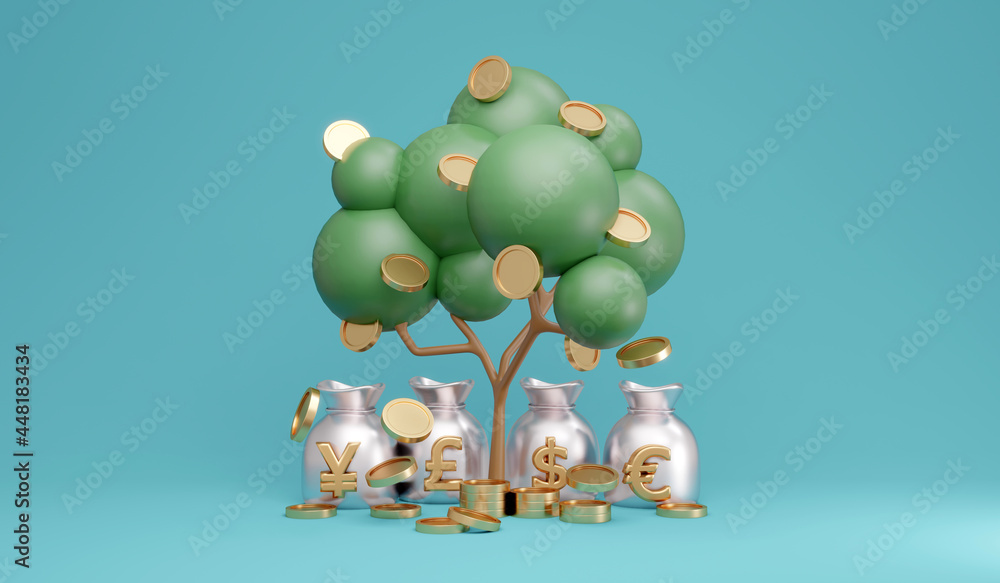 3D Rendering concept of money currencies. Money tree with coins and fiat currency on money bag on background. Symbols us dollar, pound sterling, euro, japan yen. 3D Render. 3d illustration. 3D Rendering concept of money currencies. Money tree with coins and fiat currency on money bag on background. Symbols us dollar, pound sterling, euro, japan yen. 3D Render. 3d illustration.