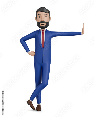 3d character. Businessman leaning on emptiness 