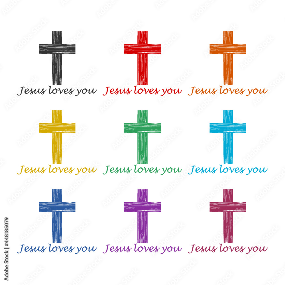 Jesus loves you color icon set