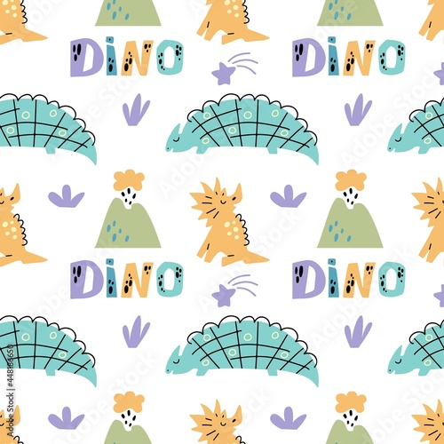 Dinosaurus cute seamless pattern with volcano, plant, quote dino isolated on white background. Vector flat illustration. Design for childish textile, fabric, wallpaper, wrapping