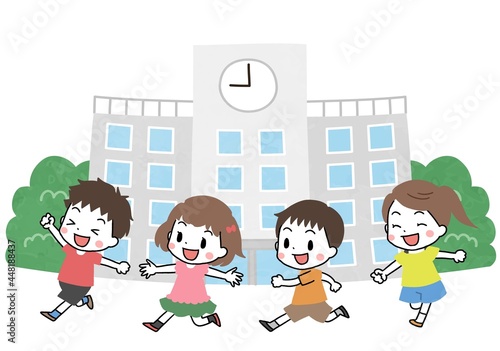 学校と笑顔で走る子供たち
