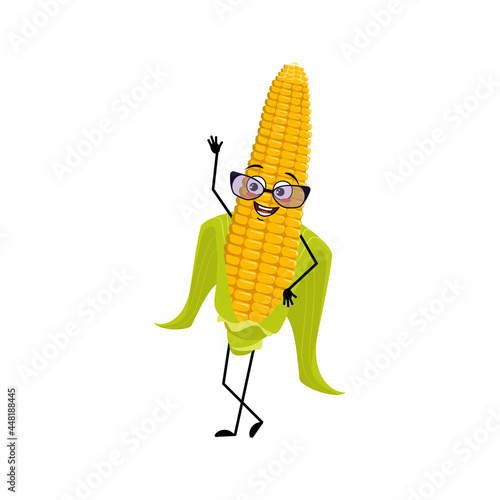 Cute corn cob character with glasses and joyful emotions, happy face, smile eyes, arms and legs. Funny yellow vegetable