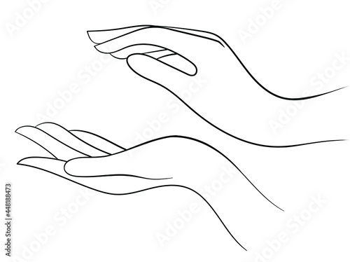 vector line art illustration of two hands palms facing each other isolated on white background. useful as part of the illustration in which you need to add hands, web and graphic design, advertisement