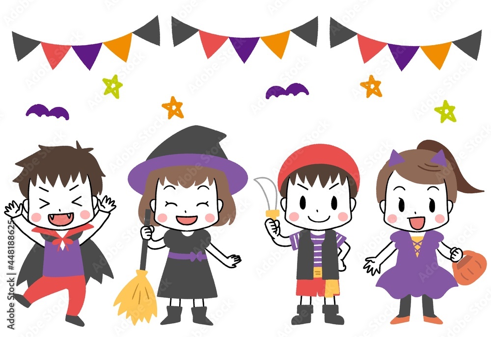 ハロウィンで仮装する子供たち 主線あり ハロウィンで仮装する子供たち 主線あり