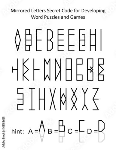 Mirrored letters secret code for developing word puzzles and word games for kids and adults. Full alphabet set (English language) with hint.
