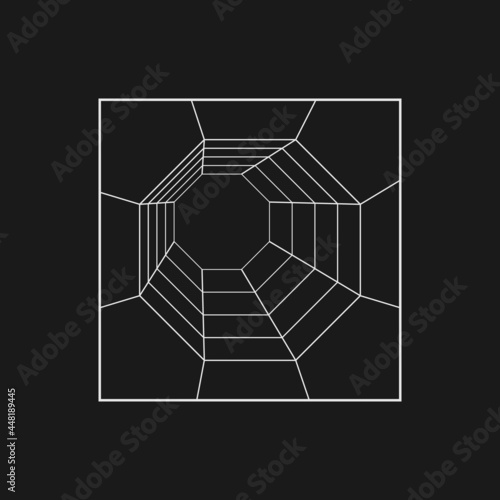 Retrofuturistic octagonal grid tunnel in the rectangle frame. Cyber design element. Tunnel in cyberpunk 80s style. Perspective geometry for poster, cover in retrowave style. Vector