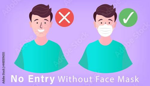 Man in mask and without medicine mask. How to wear face mask right. Coronavirus 2019-nCoV or Covid-19 disease prevention concept. health care isolated on white background vector illustration.