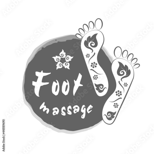 Foot massage stamp with traditional thai ornament. Reflexology.  Foot massage logo vector in gray for your web site design, app, UI.