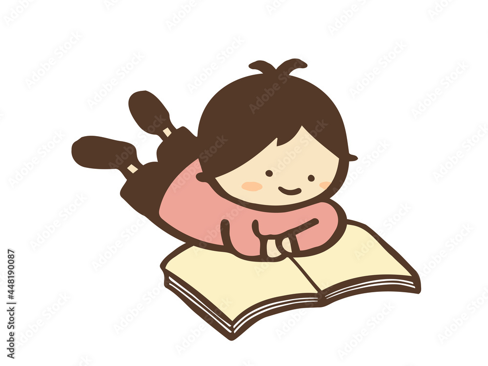 かわいい子どもが寝転んで本を読む／手書きイラスト