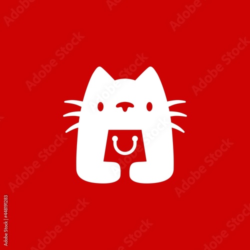 white cat hold shopping bag shop store logo vector icon illustration