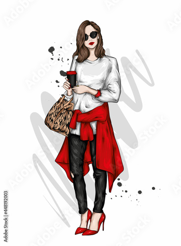 Beautiful girl in stylish clothes and coffee. Vector illustration for a postcard or poster, print. Fashion and style, clothing and accessories.