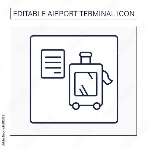 Baggage claim line icon. Reclaim area. Pointer. Passengers claim checked-in baggage after disembarking from flight.Airport terminal concept. Isolated vector illustration.Editable stroke
