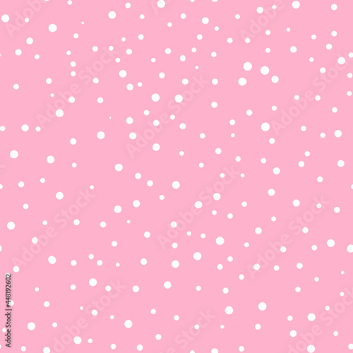 Abstract hand drown polka dots background. Pink dotted seamless pattern with white circles. Template design for invitation, poster, card, flyer, textile, fabric