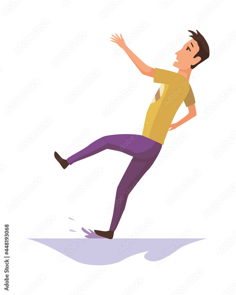 Fototapeta premium Falling man. Falling down people because of slipping, accident. Young men dangerous accident. Slippery, danger, risk. Bad luck, misfortune, fiasco. Business failure, company crash concept