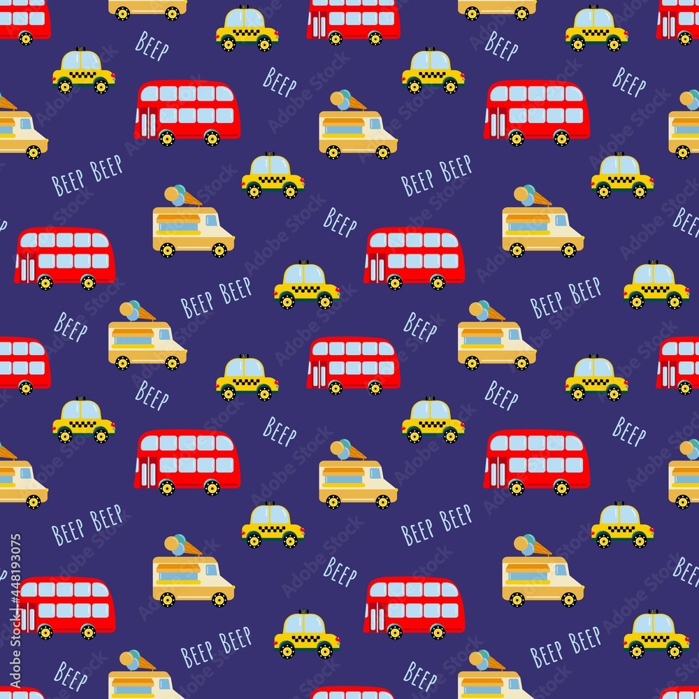 Transport. Double decker bus, taxi, ice cream van. Endless textures for your design. Flat style. Transport. Double decker bus, taxi, ice cream van. Endless textures for your design. Flat style.