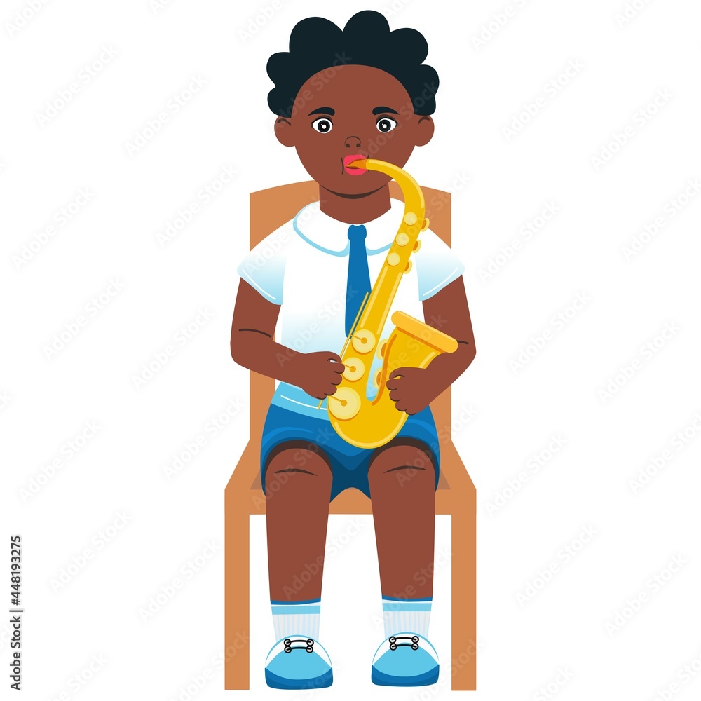 Saxophonist. African American boy playing the saxophone. Vector