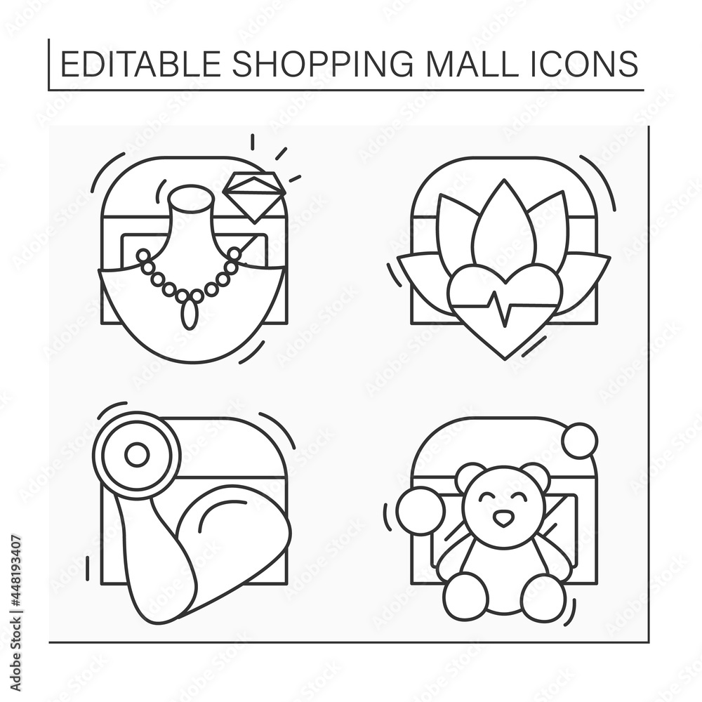 Shopping mall line icons set. Jewelry and toy store, spa and fitness center. Mall complex concept. Isolated vector illustration. Editable stroke Shopping mall line icons set. Jewelry and toy store, spa and fitness center. Mall complex concept. Isolated vector illustration. Editable stroke