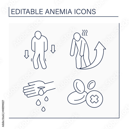 Anemia line icons set. Weakness, extreme fatigue, blood loss. Lack of red blood cell production. Health protection concept. Isolated vector illustration. Editable stroke