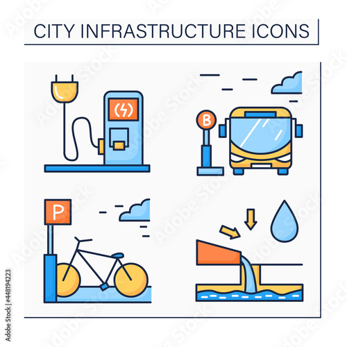 City infrastructure color icons set. Bicycle parking, charging station, bus stop, drainage. Industrialization Isolated vector illustrations