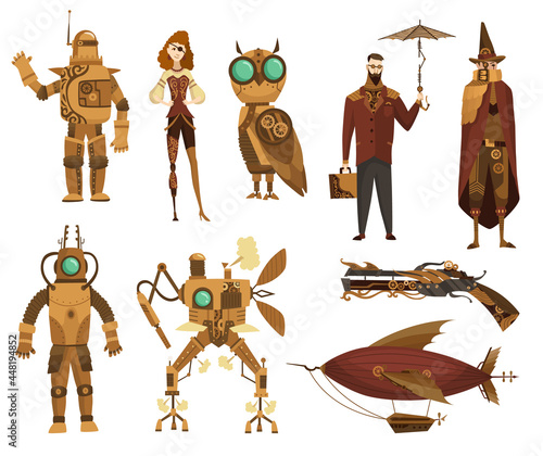 Steampunk technology collection. Fantasy vintage transport and people cartoon characters, vector illustration. Mechanical vehicle, pistol and robots. Steam punk invention isolated set